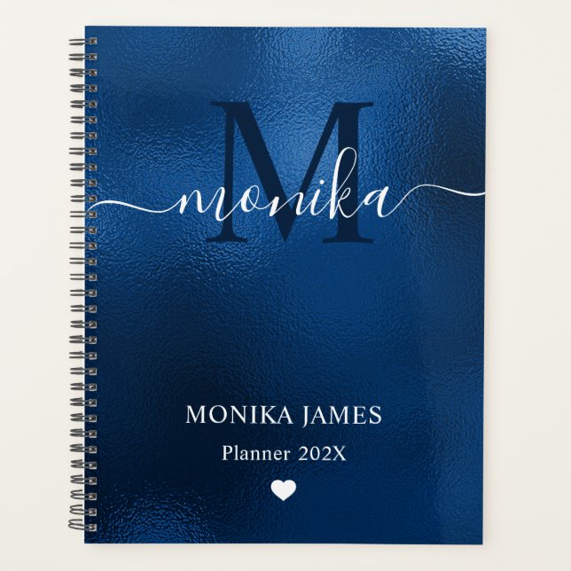 Modern Royal Blue Brushed Metal Monogram Planner (Front)