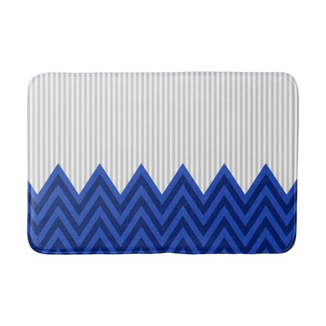 Modern Royal Blue Chevron Grey Stripes Pattern Bath Mat (Front)