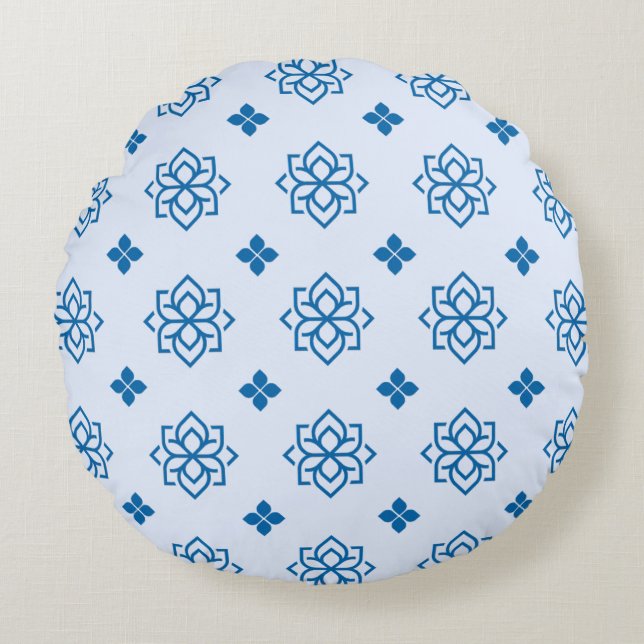 Modern Royal Blue Floral Pattern Round Pillow (Front)