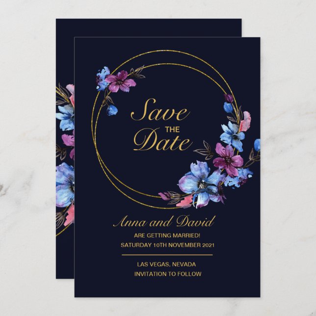 Modern Royal Blue Floral Save The Date Invitation (Front/Back)