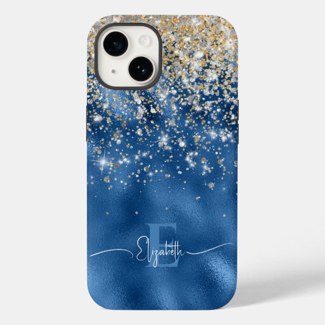Modern Royal Blue Foil Gold Faux Glitter Monogram  Case-Mate iPhone Case (Back)