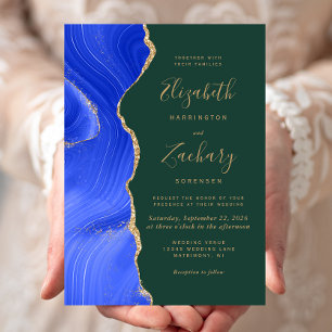 Modern Royal Blue Gold Agate Emerald Green Wedding Invitation