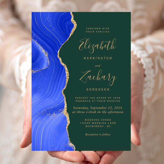Modern Royal Blue Gold Agate Emerald Green Wedding Invitation (Creator Uploaded)