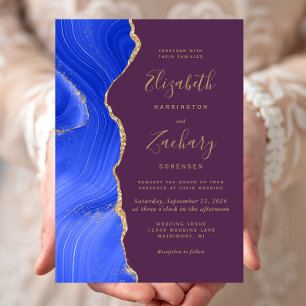 Modern Royal Blue Gold Agate Plum Wedding Invitation