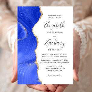 Modern Royal Blue Gold Agate Wedding Invitation