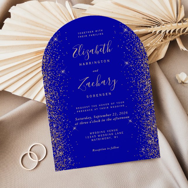 Modern Royal Blue Gold Faux Glitter Arch Wedding Invitation (Creator Uploaded)
