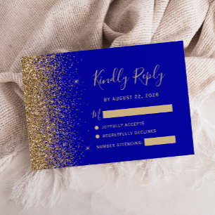 Modern Royal Blue Gold Faux Glitter Edge RSVP Card
