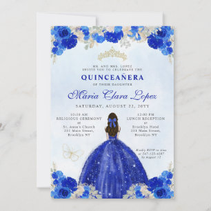 Modern Royal Blue Gold Floral Princess Quinceañera Invitation