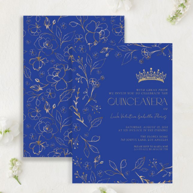 Modern Royal Blue Gold Floral Tiara Quinceañera Invitation (Creator Uploaded)
