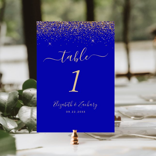 Modern Royal Blue Gold Glitter Edge Wedding Table Number (Creator Uploaded)
