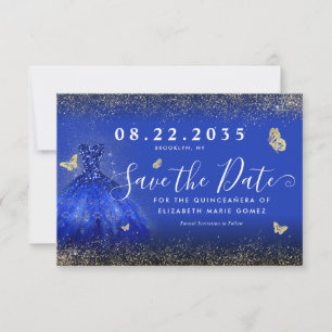 Modern Royal Blue Gold Glitter Gown Quinceanera Save The Date