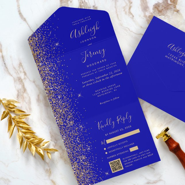Modern Royal Blue Gold Glitter QR Code Wedding All In One Invitation (The perfect choice for a royal blue and gold themed wedding.)