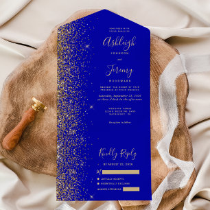 Modern Royal Blue Gold Glitter Wedding All In One Invitation