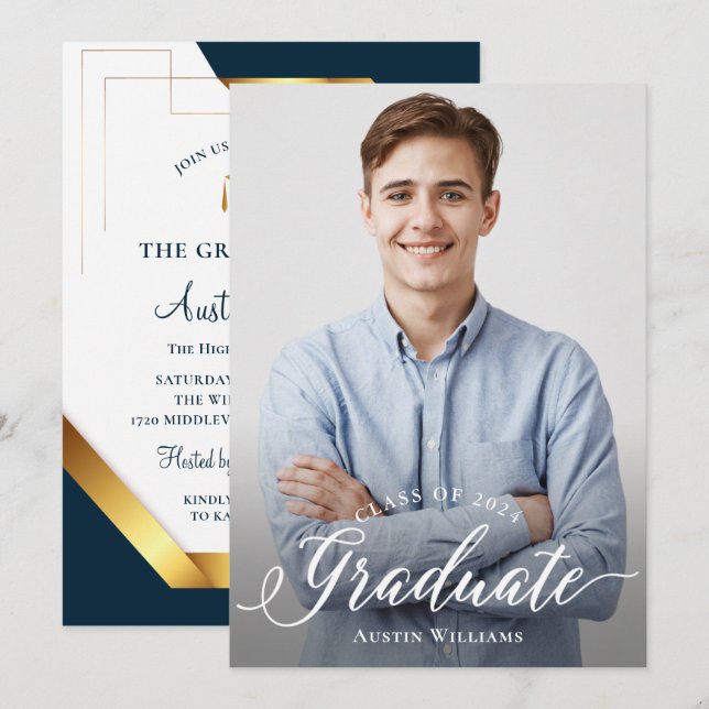 Modern Royal Blue & Gold Graduation Party Photo Invitation (Front/Back)