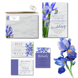 Modern Royal Blue Irises Floral White Dots Wedding Invitation