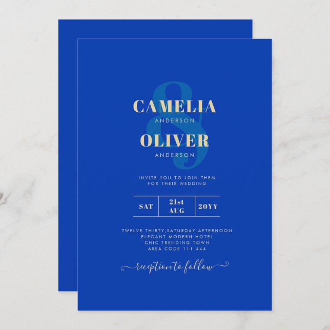 Modern Royal Blue Monochrome Wedding INVITE (Front/Back)