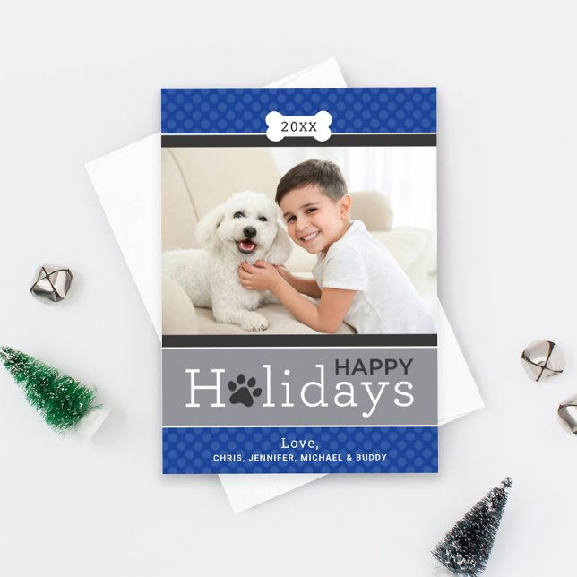 Modern Royal Blue Puppy Dog Theme Happy Holidays Holiday Card (Creator Uploaded)
