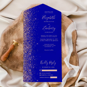 Modern Royal Blue Rose Gold Glitter Wedding All In One Invitation