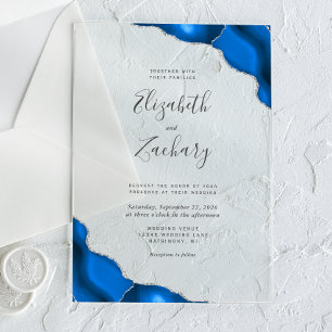 Modern Royal Blue Silver Agate Corners Wedding Acrylic Invitations
