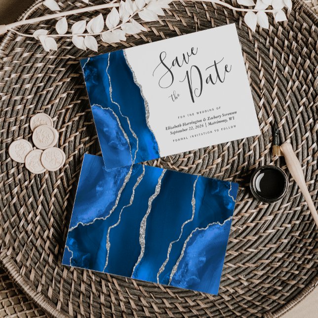 Modern Royal Blue Silver Agate Save the Date Card (Creator Uploaded)