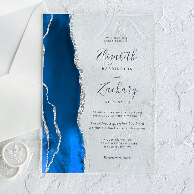 Modern Royal Blue Silver Agate Wedding Acrylic Invitations (Creator Uploaded)