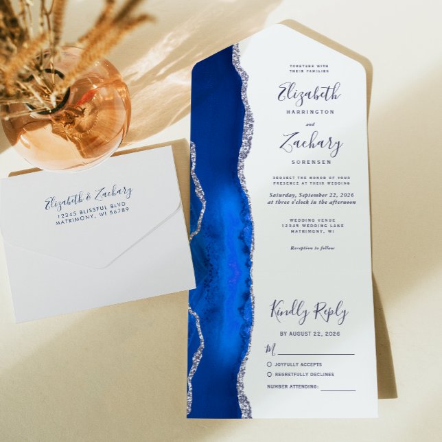 Modern Royal Blue Silver Agate Wedding All In One Invitation (Creator Uploaded)