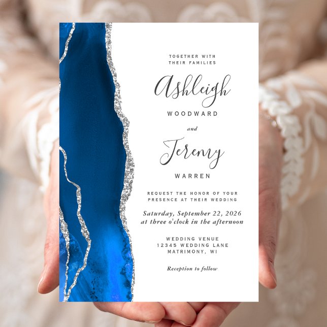 Modern Royal Blue Silver Agate Wedding Invitation (Creator Uploaded)