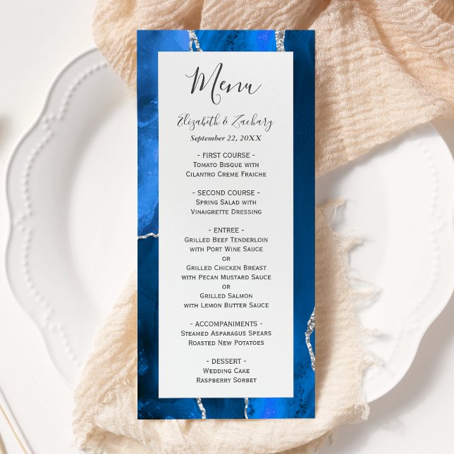 Modern Royal Blue Silver Agate Wedding Menu (Creator Uploaded)