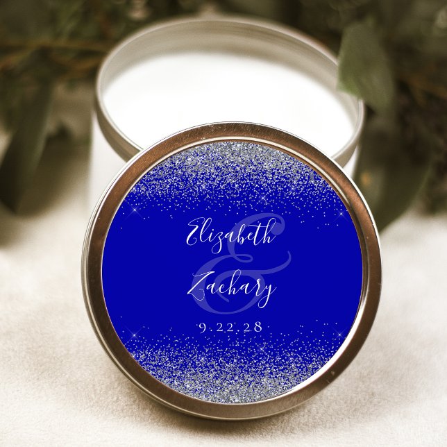 Modern Royal Blue Silver Glitter Edge Wedding Classic Round Sticker (Creator Uploaded)