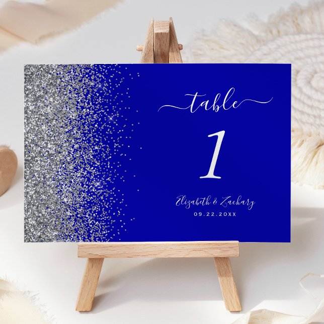 Modern Royal Blue Silver Glitter Edge Wedding Table Number (Creator Uploaded)