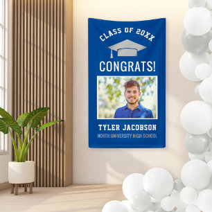 Modern Royal Blue Silver Photo Graduation Party Banner