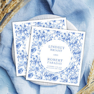 Modern Royal Blue Toile Roses Wedding Napkins Set