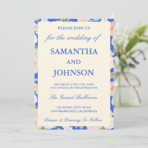 Modern Royal Blue Vintage Ivory Floral Wedding Invitation