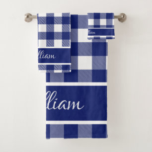 Modern Royal Blue White Buffalo Checks Bath Towel Set