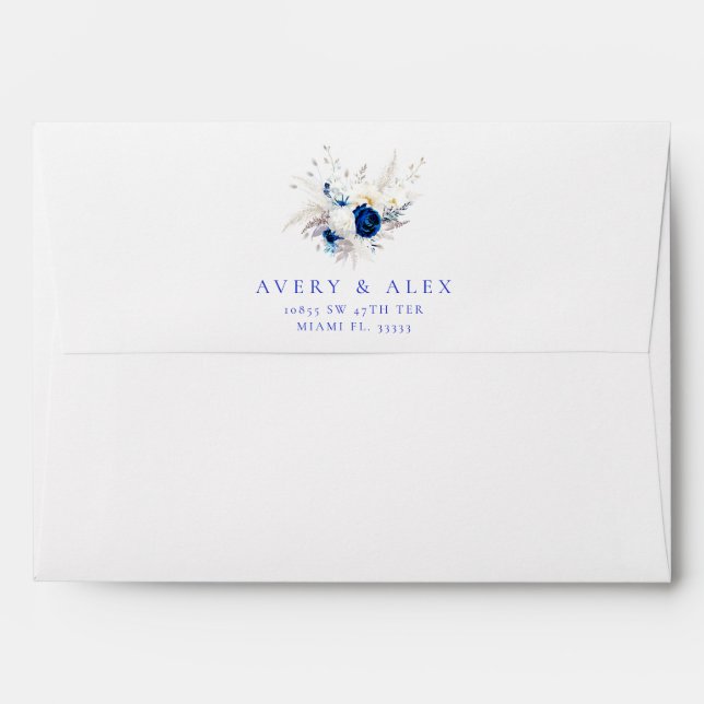Modern Royal Blue & White Floral Wedding Envelope (Back (Top Flap))