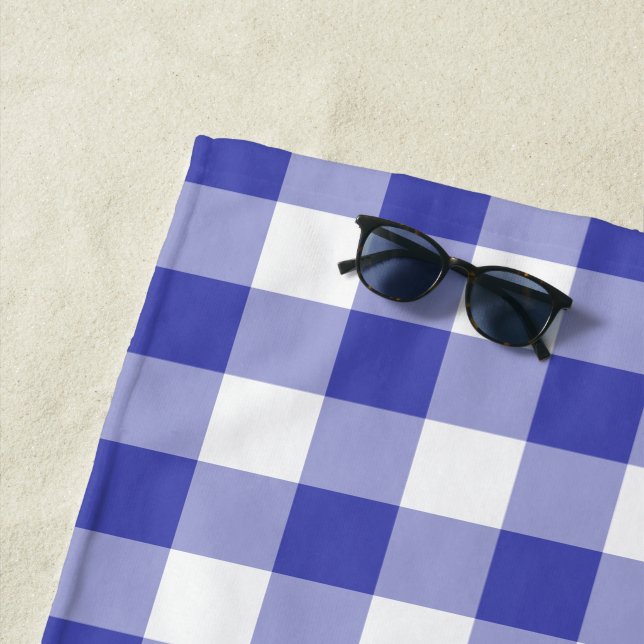 Modern Royal Blue White Gingham Pattern Beach Towel (In Situ)