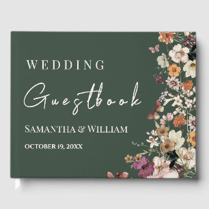 Modern Royal Green Pastel Wildflower Boho Wedding Guest Book