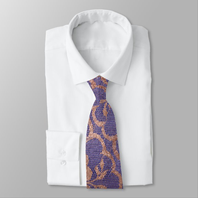 Modern Royal Pink Rose Gold Powder Lace Blue Tie (Tied)