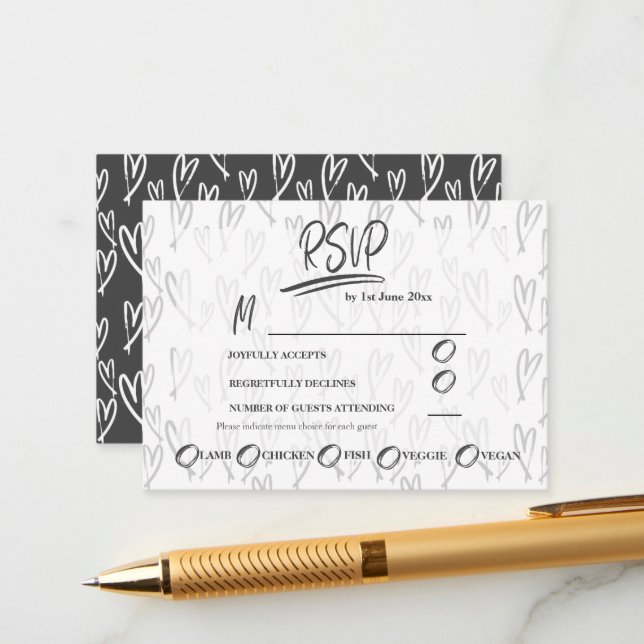 Modern RSVP Black & White Hearts Pattern Enclosure Card (Front/Back In Situ)