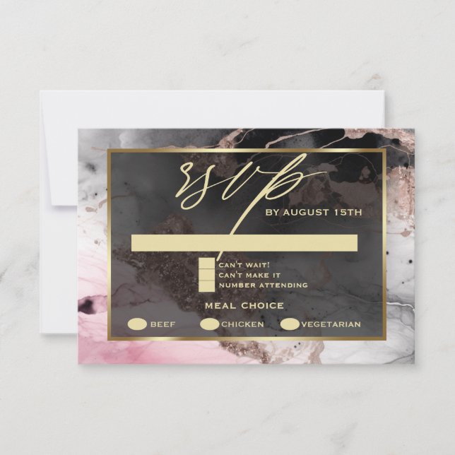 Modern RSVP Paint Abstract Rose Charcoal Gold Card (Front)