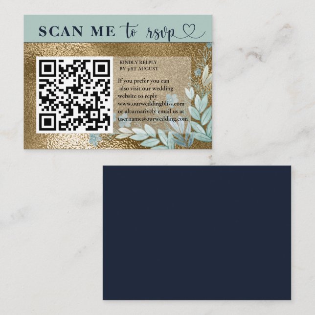 Modern RSVP QR Code Navy Blue & Gold Wedding   Enclosure Card (Front/Back)