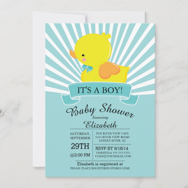 Modern Rubber Duck Boys Baby Shower Invitation (Front)