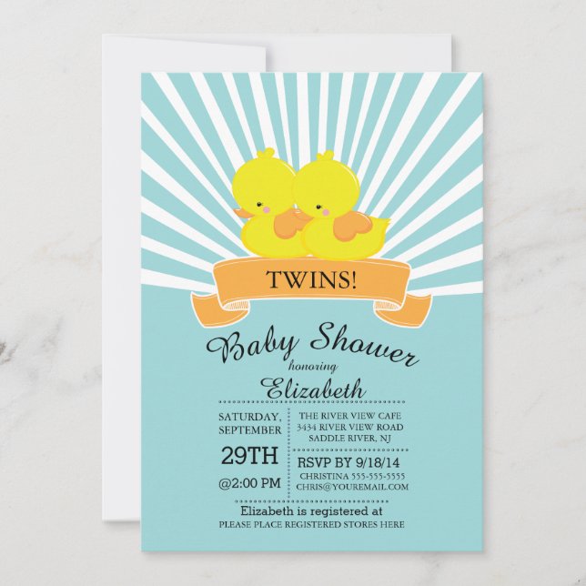Modern Rubber Duck Twin Baby Shower Invitations (Front)