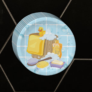 Modern Rubber Ducky Bubbles Baby Shower Paper Plate