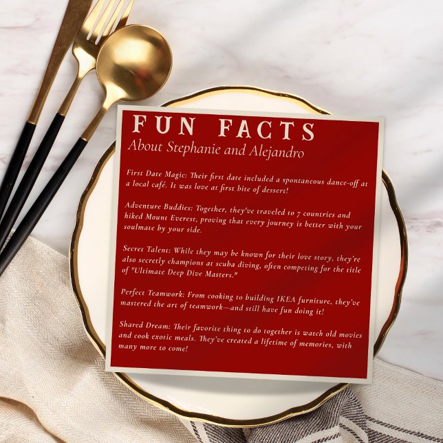 Modern Ruby Red Fun Facts Couple's Funny Wedding Napkin (Creator Uploaded)