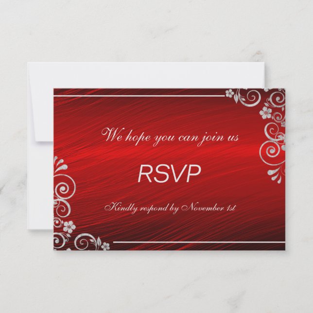 Modern Ruby Red Silver Grey Floral  Wedding RSVP (Front)