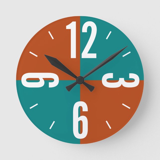 Modern rust and teal colour blocks large numbers   round clock (Front)