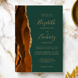 Modern Rust Emerald Green Agate Wedding Invitation