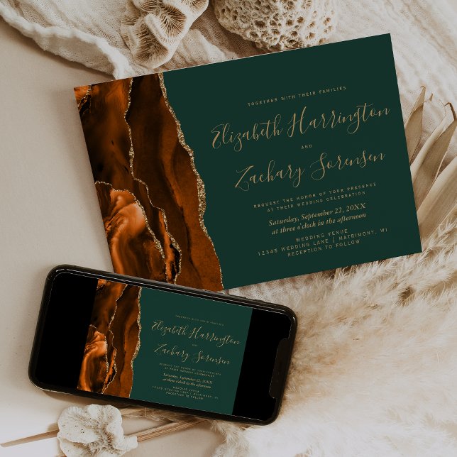Modern Rust Gold Agate Dark Emerald Green Wedding Invitation (Creator Uploaded)