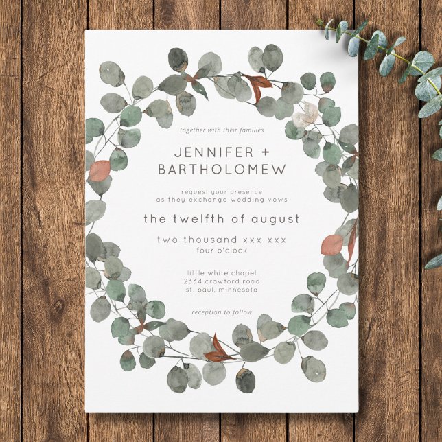 Modern Rust Green Eucalyptus Wreath Wedding Invitation (Modern Rust Green Eucalyptus Wreath Wedding Invitation)